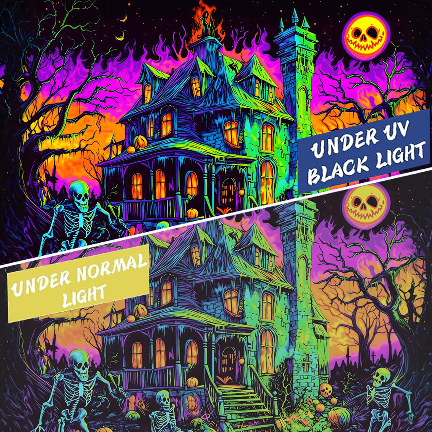 BSFHH Halloween Black Light Tapestry – UV Reactive Glow in the Dark Wall Hanging, Spooky Night Scene with Ghosts & Pumpkins, Haunting Home Decor for Parties, Bedroom, or Dorm (Haunted Houses, 79L" x 59W", Unframed) Backdrop Bliss