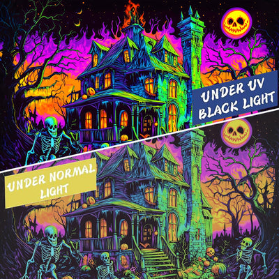 BSFHH Halloween Black Light Tapestry – UV Reactive Glow in the Dark Wall Hanging, Spooky Night Scene with Ghosts & Pumpkins, Haunting Home Decor for Parties, Bedroom, or Dorm (Haunted Houses, 79L" x 59W", Unframed) Backdrop Bliss