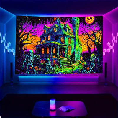 BSFHH Halloween Black Light Tapestry – UV Reactive Glow in the Dark Wall Hanging, Spooky Night Scene with Ghosts & Pumpkins, Haunting Home Decor for Parties, Bedroom, or Dorm (Haunted Houses, 79L" x 59W", Unframed) Backdrop Bliss