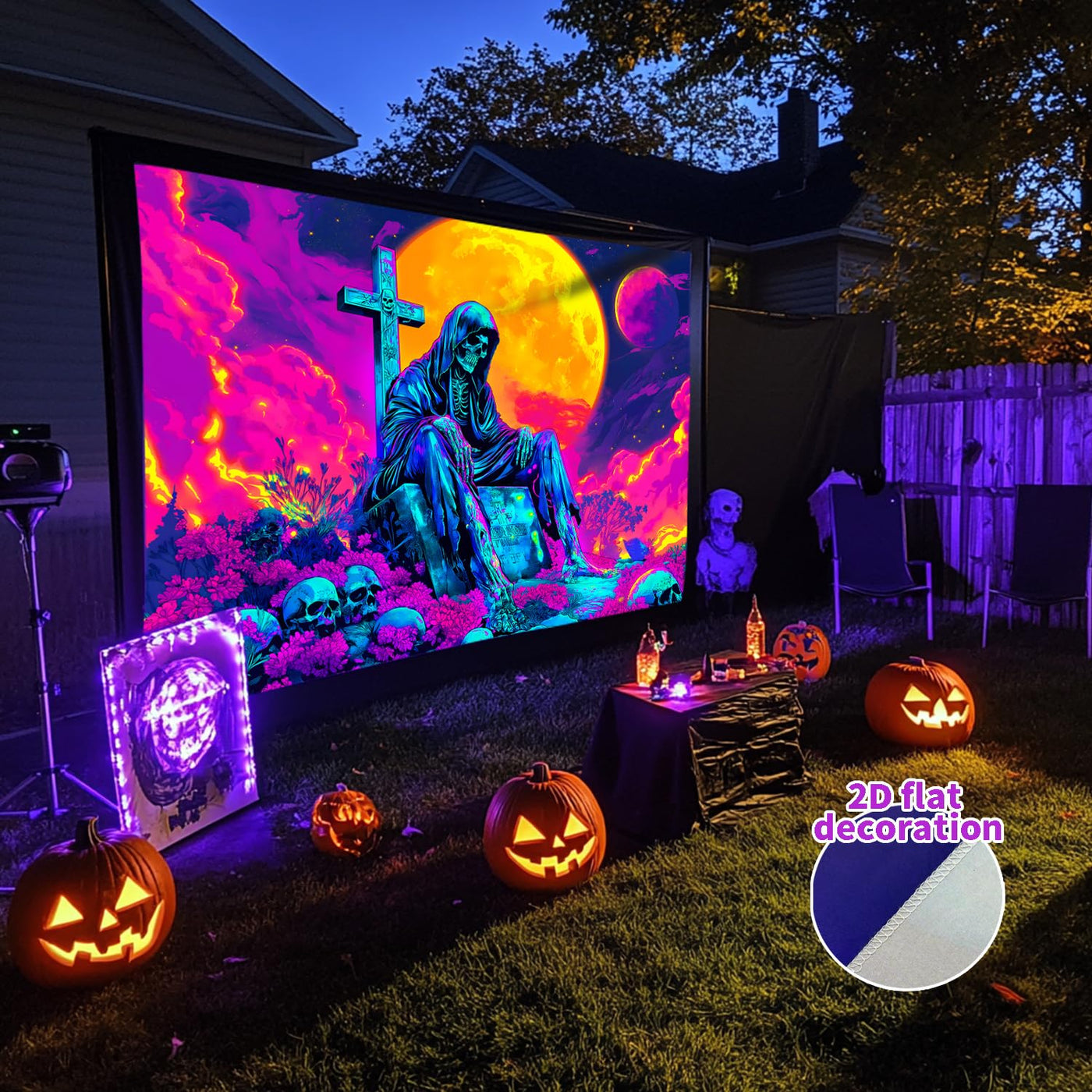 BSFHH Halloween Black Light Tapestry – UV Reactive Glow in the Dark Wall Hanging, Spooky Night Scene with Ghosts & Pumpkins, Haunting Home Decor for Parties, Bedroom, or Dorm (Haunted Houses, 79L" x 59W", Unframed) Backdrop Bliss
