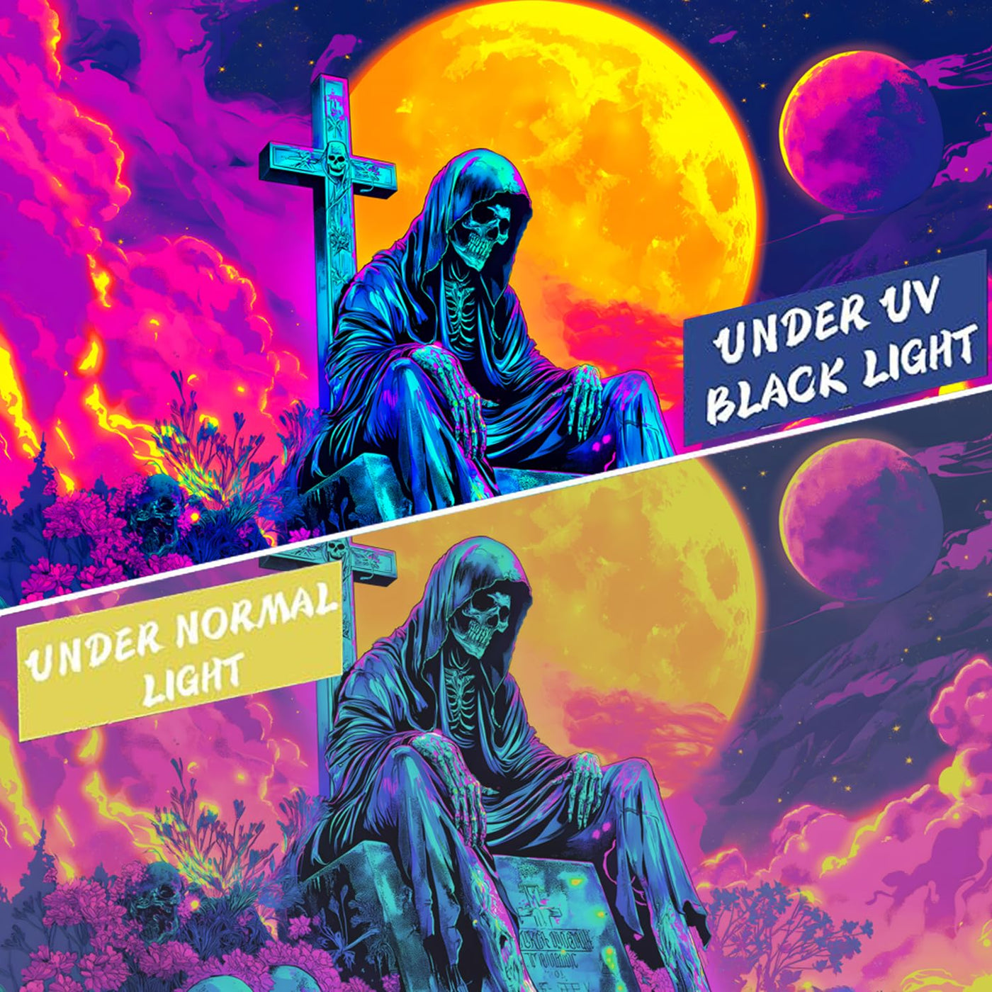 BSFHH Halloween Black Light Tapestry – UV Reactive Glow in the Dark Wall Hanging, Spooky Night Scene with Ghosts & Pumpkins, Haunting Home Decor for Parties, Bedroom, or Dorm (Haunted Houses, 79L" x 59W", Unframed) Backdrop Bliss