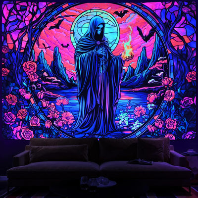 Uspring Blacklight Tapestry Hippie Gothic Tapestries Floral Wall Tapestry Wizard Skull Tapestry Wall Hanging Large UV Reactive Tapestry for Bedroom Aesthetic (Red, 51.2 x 59.1 inches) Backdrop Bliss