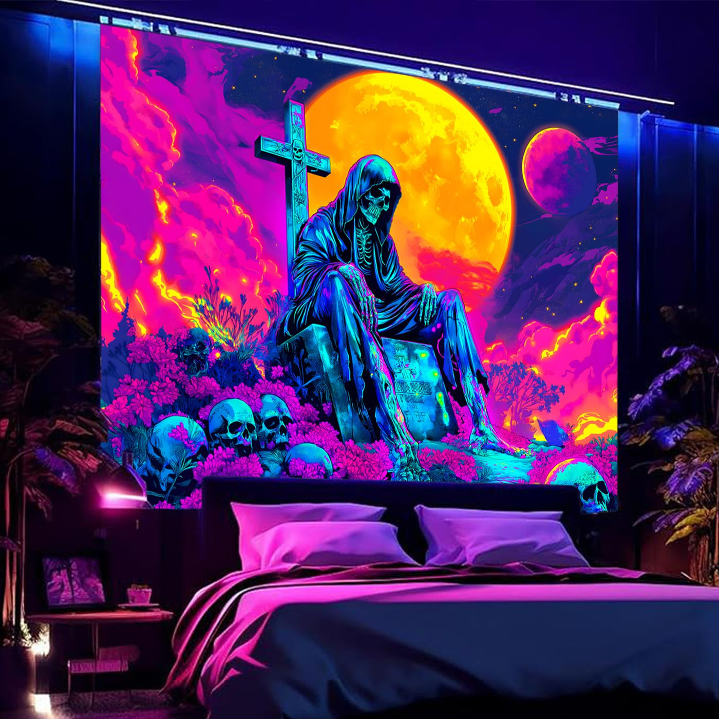 BSFHH Halloween Black Light Tapestry – UV Reactive Glow in the Dark Wall Hanging, Spooky Night Scene with Ghosts & Pumpkins, Haunting Home Decor for Parties, Bedroom, or Dorm (Haunted Houses, 79L" x 59W", Unframed) Backdrop Bliss