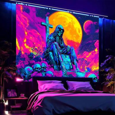BSFHH Halloween Black Light Tapestry – UV Reactive Glow in the Dark Wall Hanging, Spooky Night Scene with Ghosts & Pumpkins, Haunting Home Decor for Parties, Bedroom, or Dorm (Haunted Houses, 79L" x 59W", Unframed) Backdrop Bliss