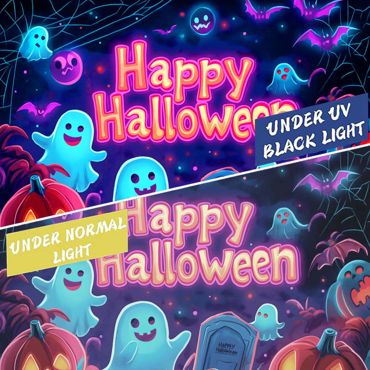 BSFHH Halloween Black Light Tapestry – UV Reactive Glow in the Dark Wall Hanging, Spooky Night Scene with Ghosts & Pumpkins, Haunting Home Decor for Parties, Bedroom, or Dorm (Haunted Houses, 79L" x 59W", Unframed) Backdrop Bliss