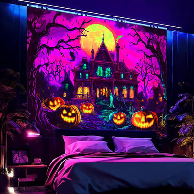 BSFHH Halloween Black Light Tapestry – UV Reactive Glow in the Dark Wall Hanging, Spooky Night Scene with Ghosts & Pumpkins, Haunting Home Decor for Parties, Bedroom, or Dorm (Haunted Houses, 79L" x 59W", Unframed) Backdrop Bliss