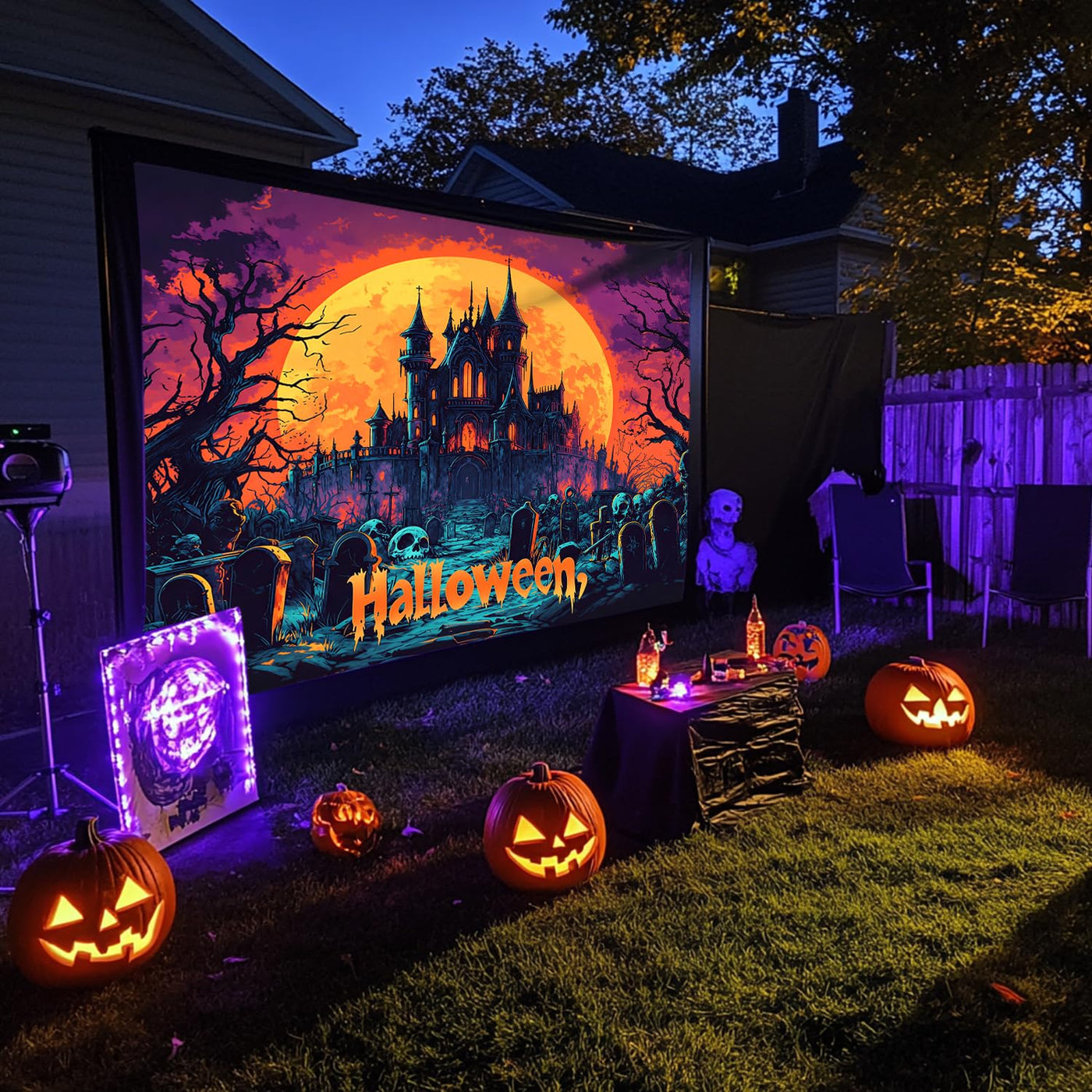 BSFHH Halloween Black Light Tapestry – UV Reactive Glow in the Dark Wall Hanging, Spooky Night Scene with Ghosts & Pumpkins, Haunting Home Decor for Parties, Bedroom, or Dorm (Haunted Houses, 79L" x 59W", Unframed) Backdrop Bliss