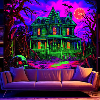 BSFHH Halloween Black Light Tapestry – UV Reactive Glow in the Dark Wall Hanging, Spooky Night Scene with Ghosts & Pumpkins, Haunting Home Decor for Parties, Bedroom, or Dorm (Haunted Houses, 79L" x 59W", Unframed) Backdrop Bliss