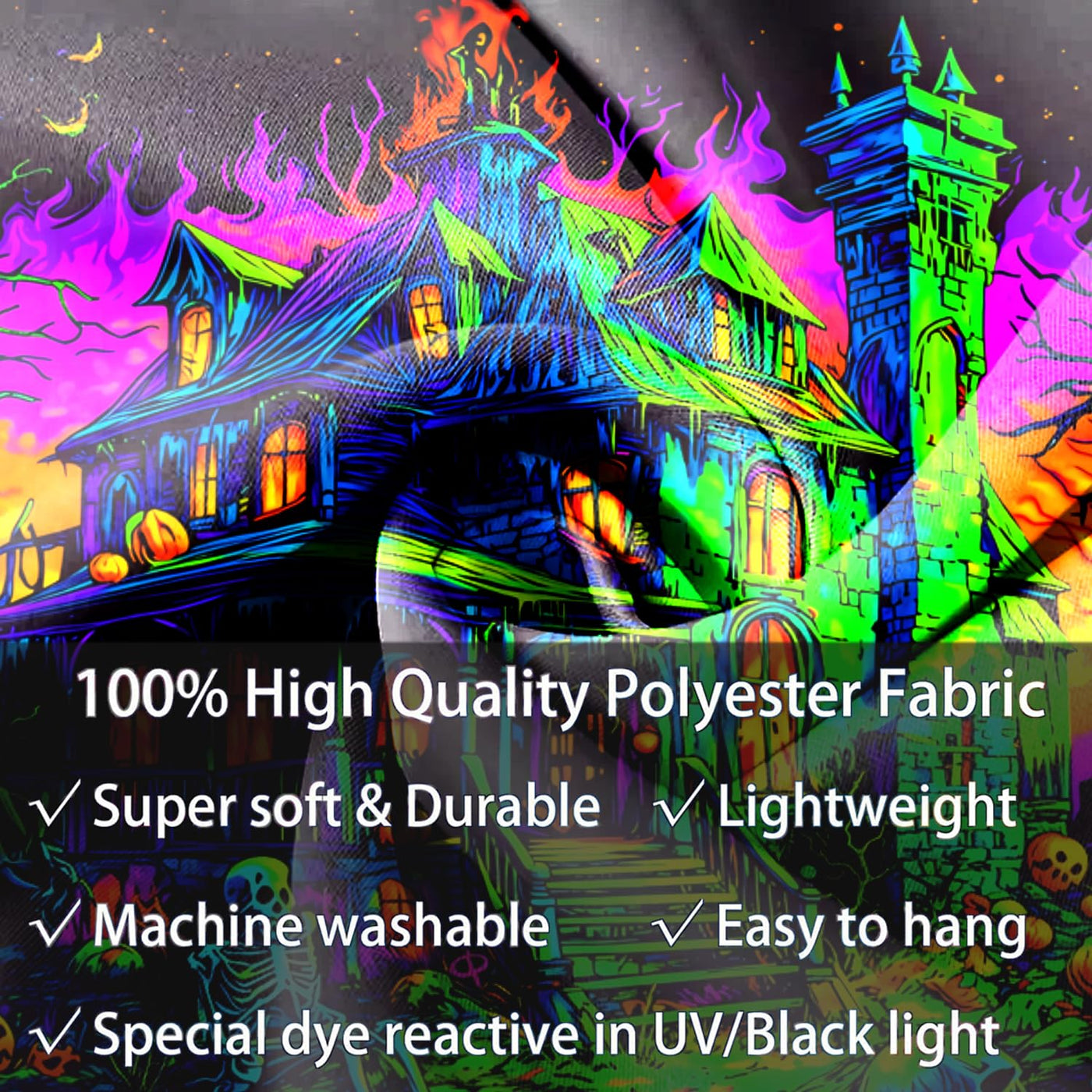 BSFHH Halloween Black Light Tapestry – UV Reactive Glow in the Dark Wall Hanging, Spooky Night Scene with Ghosts & Pumpkins, Haunting Home Decor for Parties, Bedroom, or Dorm (Haunted Houses, 79L" x 59W", Unframed) Backdrop Bliss