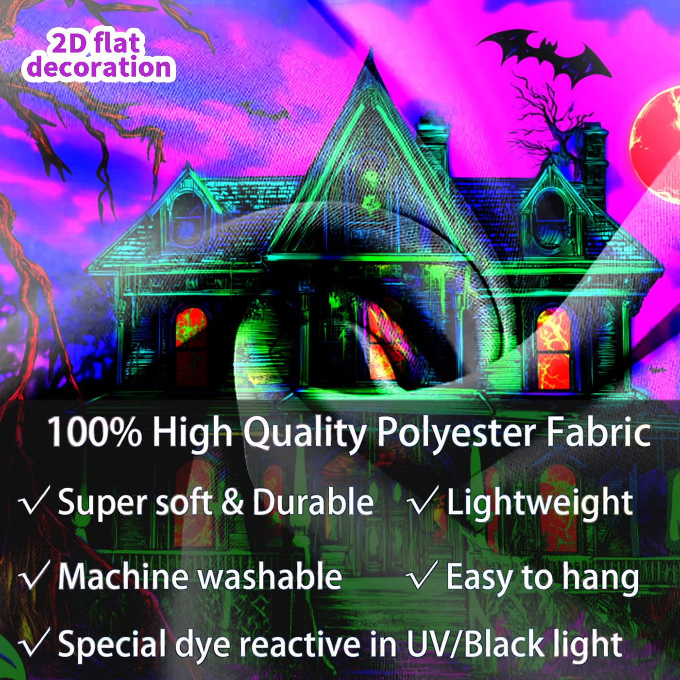 BSFHH Halloween Black Light Tapestry – UV Reactive Glow in the Dark Wall Hanging, Spooky Night Scene with Ghosts & Pumpkins, Haunting Home Decor for Parties, Bedroom, or Dorm (Haunted Houses, 79L" x 59W", Unframed) Backdrop Bliss