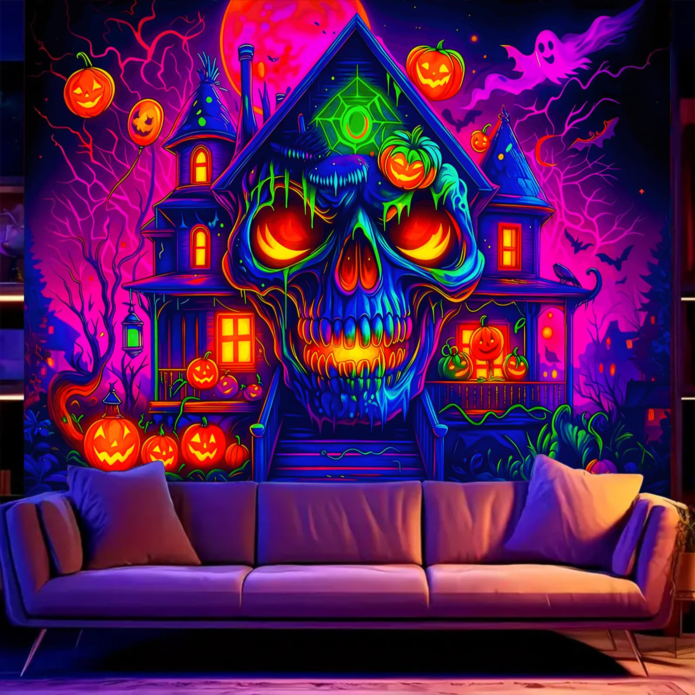 BSFHH Halloween Black Light Tapestry – UV Reactive Glow in the Dark Wall Hanging, Spooky Night Scene with Ghosts & Pumpkins, Haunting Home Decor for Parties, Bedroom, or Dorm (Haunted Houses, 79L" x 59W", Unframed) Backdrop Bliss