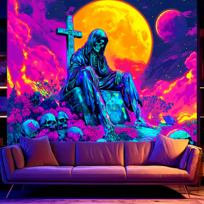 BSFHH Halloween Black Light Tapestry – UV Reactive Glow in the Dark Wall Hanging, Spooky Night Scene with Ghosts & Pumpkins, Haunting Home Decor for Parties, Bedroom, or Dorm (Haunted Houses, 79L" x 59W", Unframed) Backdrop Bliss