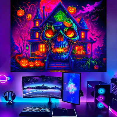 BSFHH Halloween Black Light Tapestry – UV Reactive Glow in the Dark Wall Hanging, Spooky Night Scene with Ghosts & Pumpkins, Haunting Home Decor for Parties, Bedroom, or Dorm (Haunted Houses, 79L" x 59W", Unframed) Backdrop Bliss
