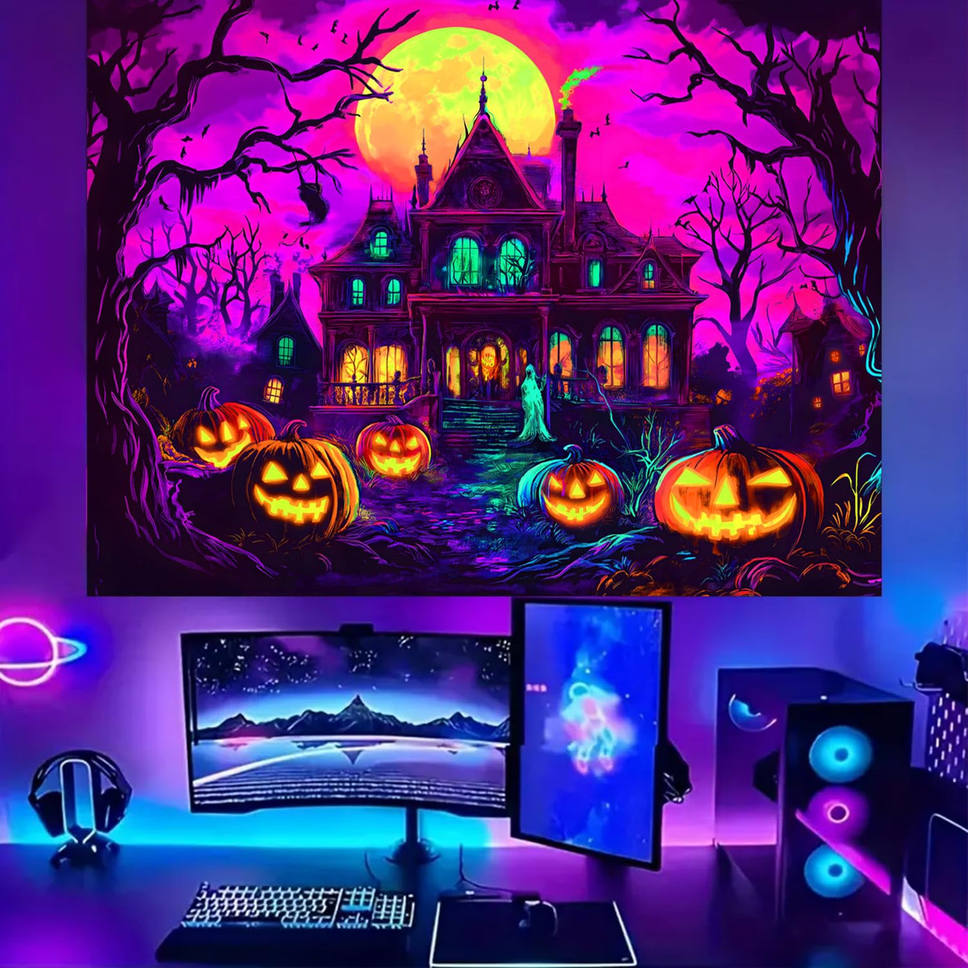 BSFHH Halloween Black Light Tapestry – UV Reactive Glow in the Dark Wall Hanging, Spooky Night Scene with Ghosts & Pumpkins, Haunting Home Decor for Parties, Bedroom, or Dorm (Haunted Houses, 79L" x 59W", Unframed) Backdrop Bliss