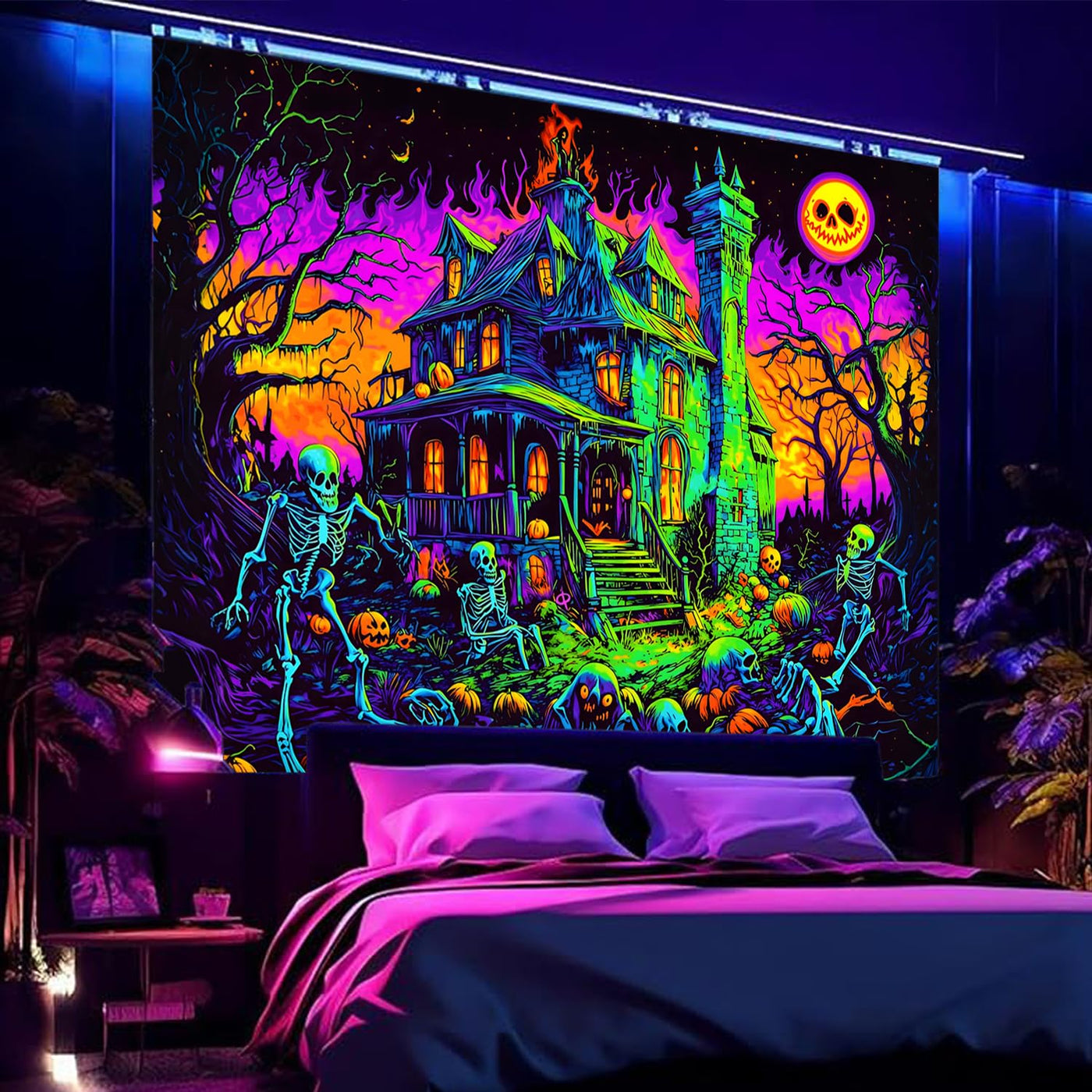 BSFHH Halloween Black Light Tapestry – UV Reactive Glow in the Dark Wall Hanging, Spooky Night Scene with Ghosts & Pumpkins, Haunting Home Decor for Parties, Bedroom, or Dorm (Haunted Houses, 79L" x 59W", Unframed) Backdrop Bliss