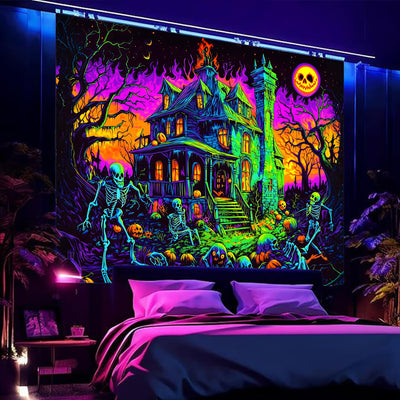 BSFHH Halloween Black Light Tapestry – UV Reactive Glow in the Dark Wall Hanging, Spooky Night Scene with Ghosts & Pumpkins, Haunting Home Decor for Parties, Bedroom, or Dorm (Haunted Houses, 79L" x 59W", Unframed) Backdrop Bliss