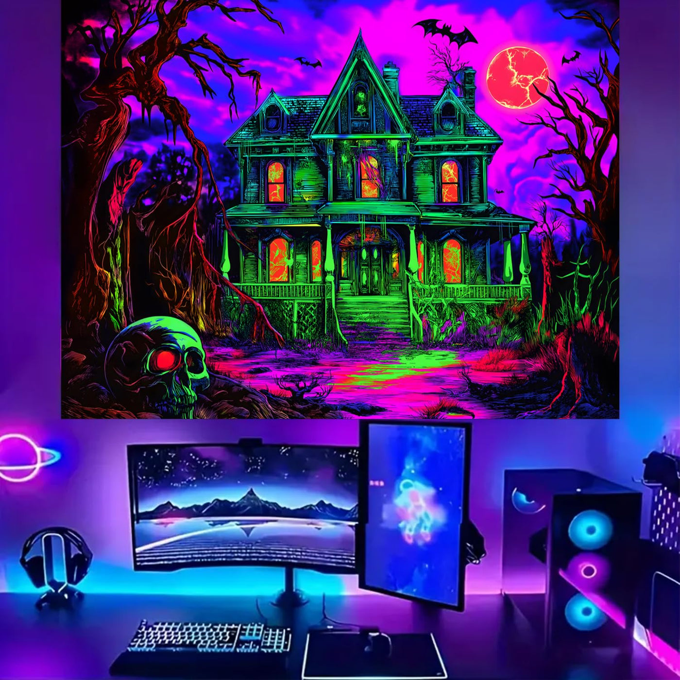 BSFHH Halloween Black Light Tapestry – UV Reactive Glow in the Dark Wall Hanging, Spooky Night Scene with Ghosts & Pumpkins, Haunting Home Decor for Parties, Bedroom, or Dorm (Haunted Houses, 79L" x 59W", Unframed) Backdrop Bliss