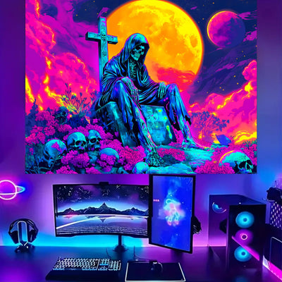 BSFHH Halloween Black Light Tapestry – UV Reactive Glow in the Dark Wall Hanging, Spooky Night Scene with Ghosts & Pumpkins, Haunting Home Decor for Parties, Bedroom, or Dorm (Haunted Houses, 79L" x 59W", Unframed) Backdrop Bliss