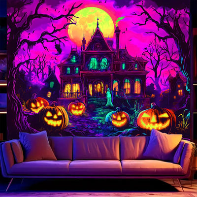 BSFHH Halloween Black Light Tapestry – UV Reactive Glow in the Dark Wall Hanging, Spooky Night Scene with Ghosts & Pumpkins, Haunting Home Decor for Parties, Bedroom, or Dorm (Haunted Houses, 79L" x 59W", Unframed) Backdrop Bliss