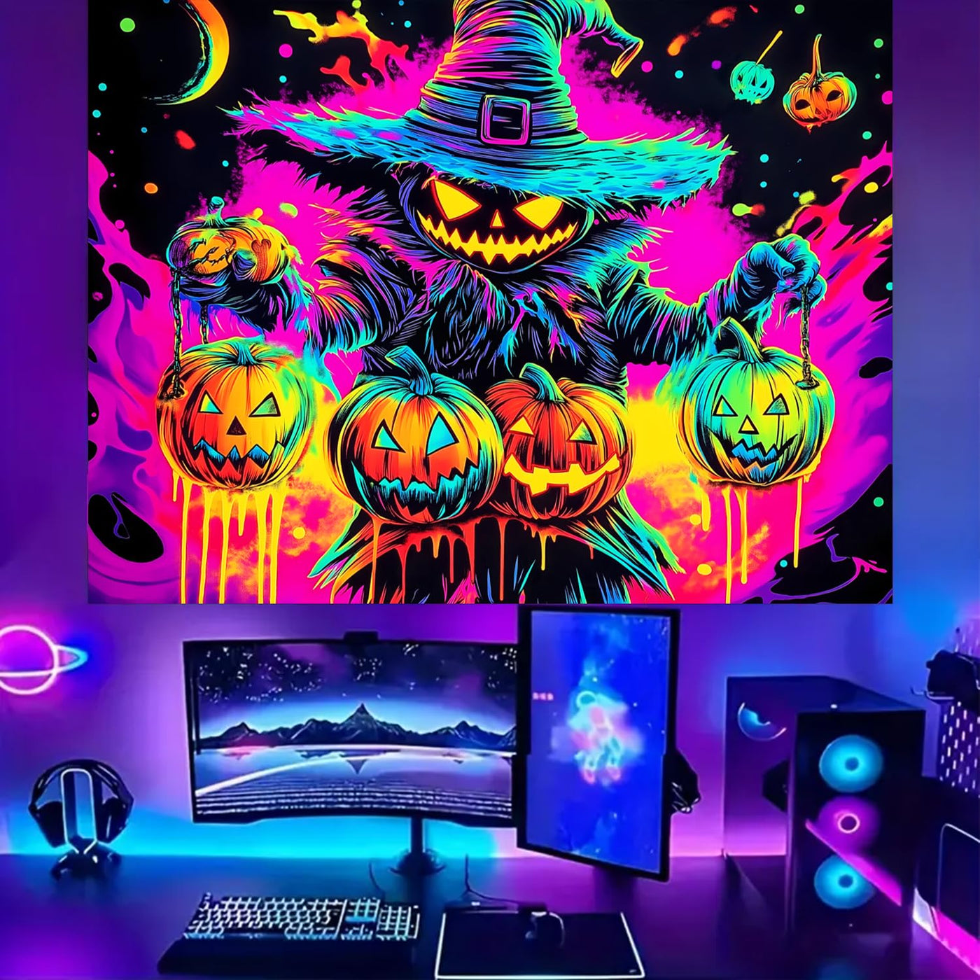 BSFHH Halloween Black Light Tapestry – UV Reactive Glow in the Dark Wall Hanging, Spooky Night Scene with Ghosts & Pumpkins, Haunting Home Decor for Parties, Bedroom, or Dorm (Haunted Houses, 79L" x 59W", Unframed) Backdrop Bliss