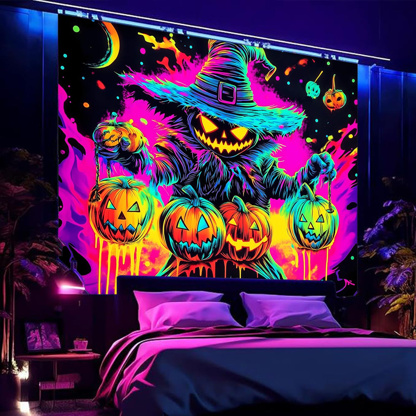 BSFHH Halloween Black Light Tapestry – UV Reactive Glow in the Dark Wall Hanging, Spooky Night Scene with Ghosts & Pumpkins, Haunting Home Decor for Parties, Bedroom, or Dorm (Haunted Houses, 79L" x 59W", Unframed) Backdrop Bliss
