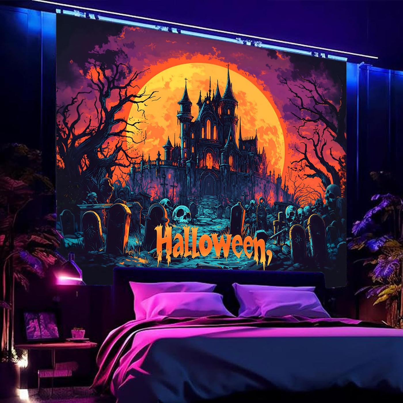 BSFHH Halloween Black Light Tapestry – UV Reactive Glow in the Dark Wall Hanging, Spooky Night Scene with Ghosts & Pumpkins, Haunting Home Decor for Parties, Bedroom, or Dorm (Haunted Houses, 79L" x 59W", Unframed) Backdrop Bliss
