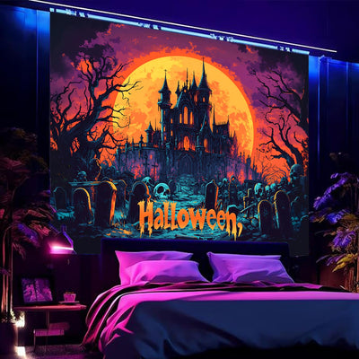 BSFHH Halloween Black Light Tapestry – UV Reactive Glow in the Dark Wall Hanging, Spooky Night Scene with Ghosts & Pumpkins, Haunting Home Decor for Parties, Bedroom, or Dorm (Haunted Houses, 79L" x 59W", Unframed) Backdrop Bliss