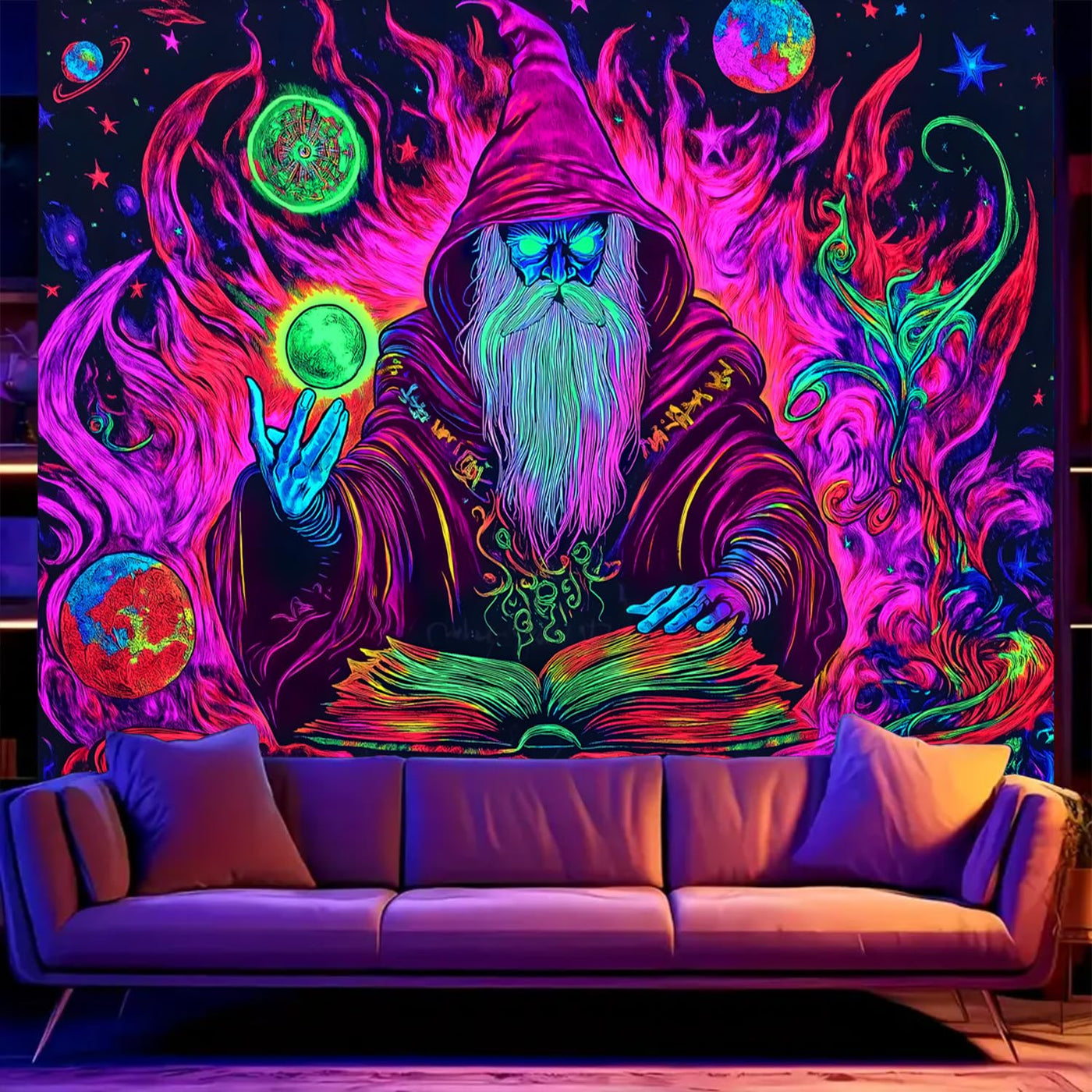 BSFHH Halloween Black Light Tapestry – UV Reactive Glow in the Dark Wall Hanging, Spooky Night Scene with Ghosts & Pumpkins, Haunting Home Decor for Parties, Bedroom, or Dorm (Haunted Houses, 79L" x 59W", Unframed) Backdrop Bliss
