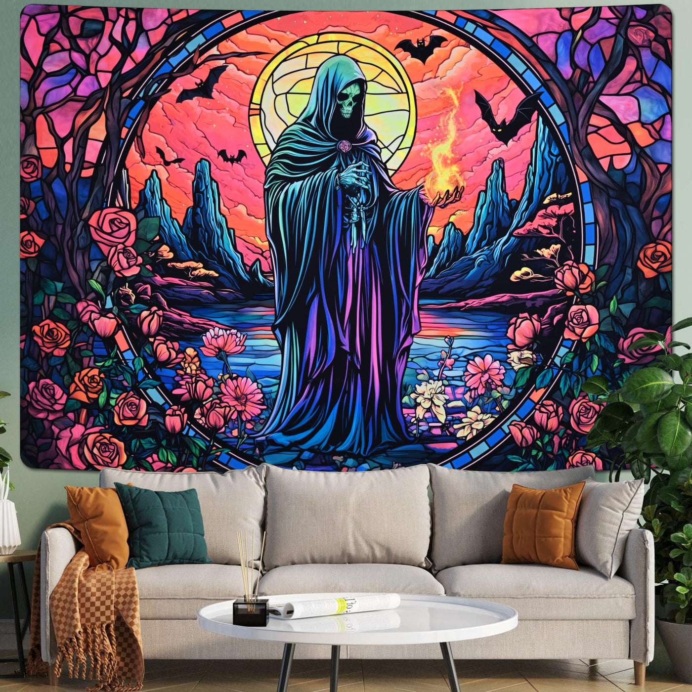 Uspring Blacklight Tapestry Hippie Gothic Tapestries Floral Wall Tapestry Wizard Skull Tapestry Wall Hanging Large UV Reactive Tapestry for Bedroom Aesthetic (Red, 51.2 x 59.1 inches) Backdrop Bliss