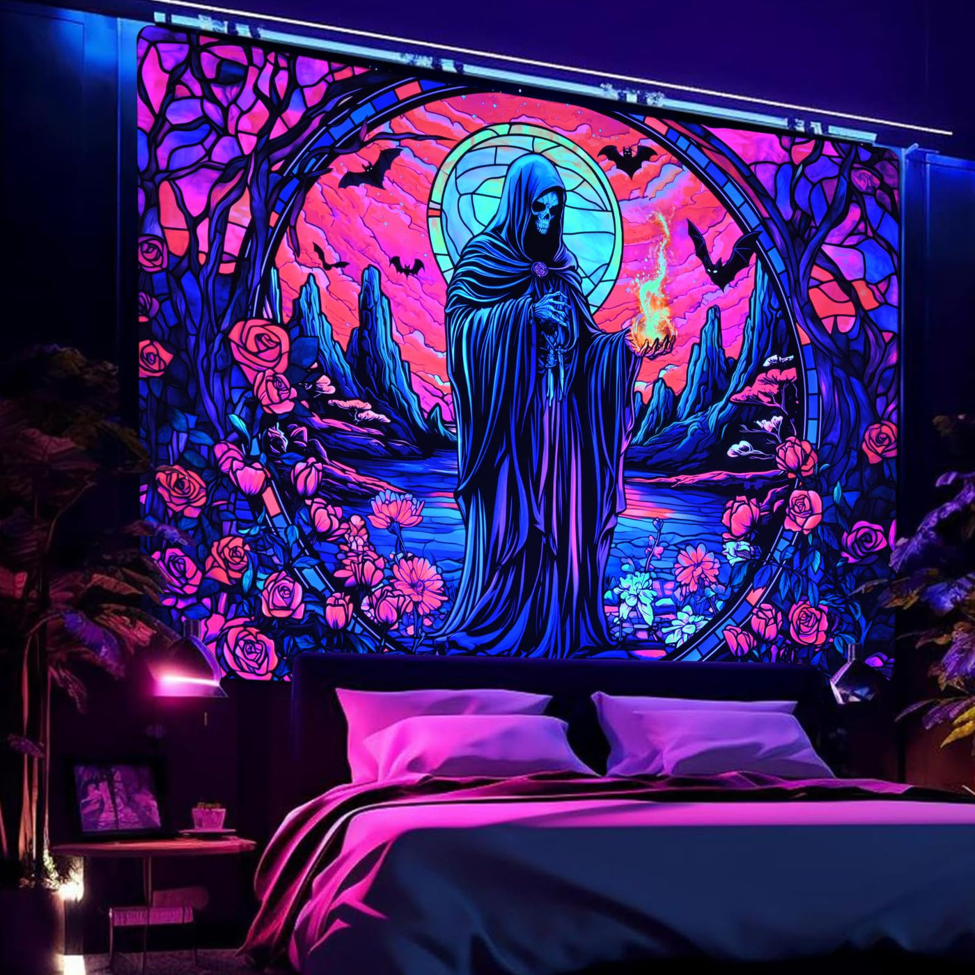 Uspring Blacklight Tapestry Hippie Gothic Tapestries Floral Wall Tapestry Wizard Skull Tapestry Wall Hanging Large UV Reactive Tapestry for Bedroom Aesthetic (Red, 51.2 x 59.1 inches) Backdrop Bliss