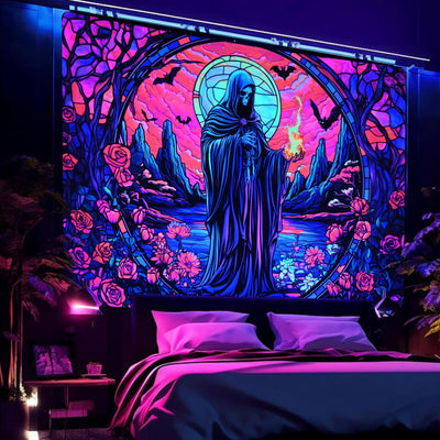 Uspring Blacklight Tapestry Hippie Gothic Tapestries Floral Wall Tapestry Wizard Skull Tapestry Wall Hanging Large UV Reactive Tapestry for Bedroom Aesthetic (Red, 51.2 x 59.1 inches) Backdrop Bliss