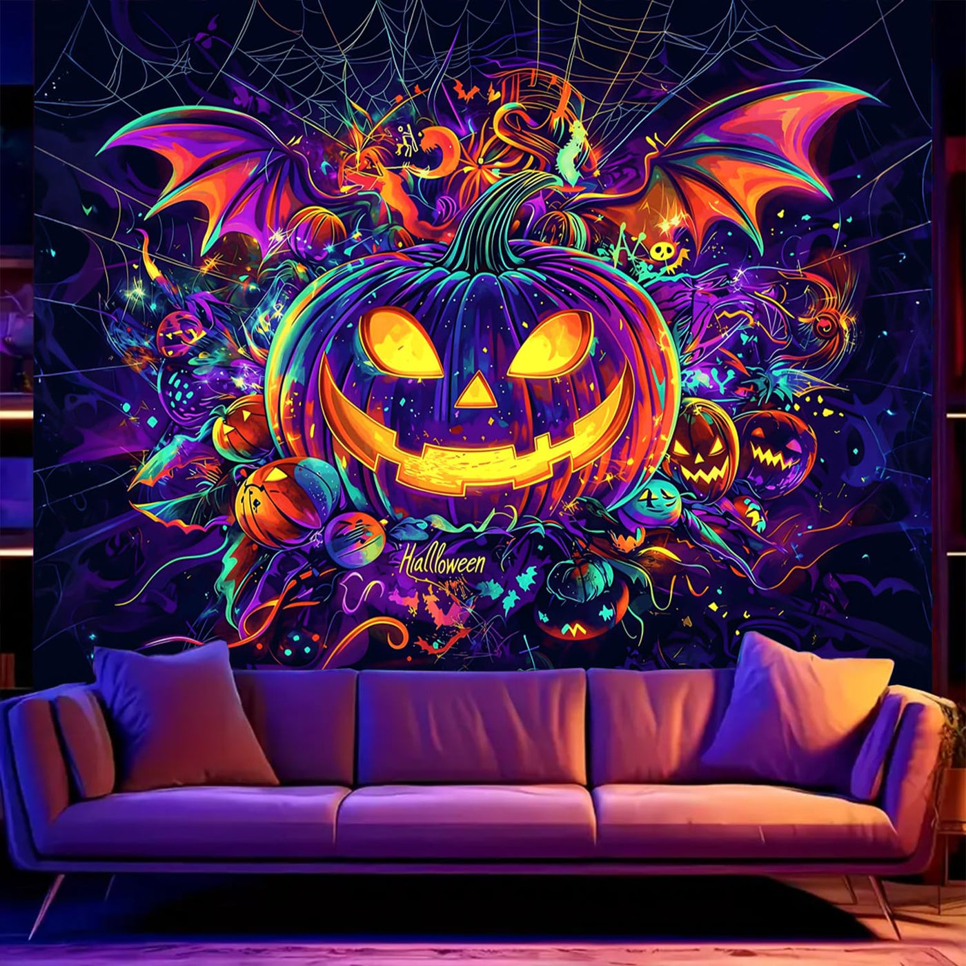 BSFHH Halloween Black Light Tapestry – UV Reactive Glow in the Dark Wall Hanging, Spooky Night Scene with Ghosts & Pumpkins, Haunting Home Decor for Parties, Bedroom, or Dorm (Haunted Houses, 79L" x 59W", Unframed) Backdrop Bliss