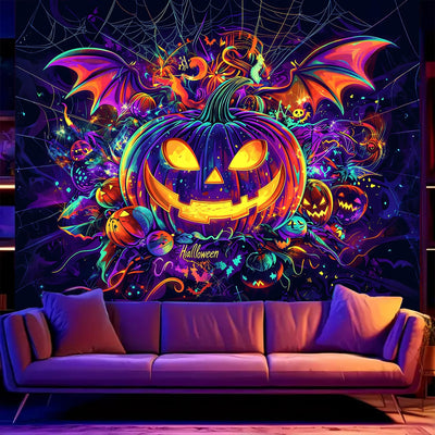 BSFHH Halloween Black Light Tapestry – UV Reactive Glow in the Dark Wall Hanging, Spooky Night Scene with Ghosts & Pumpkins, Haunting Home Decor for Parties, Bedroom, or Dorm (Haunted Houses, 79L" x 59W", Unframed) Backdrop Bliss
