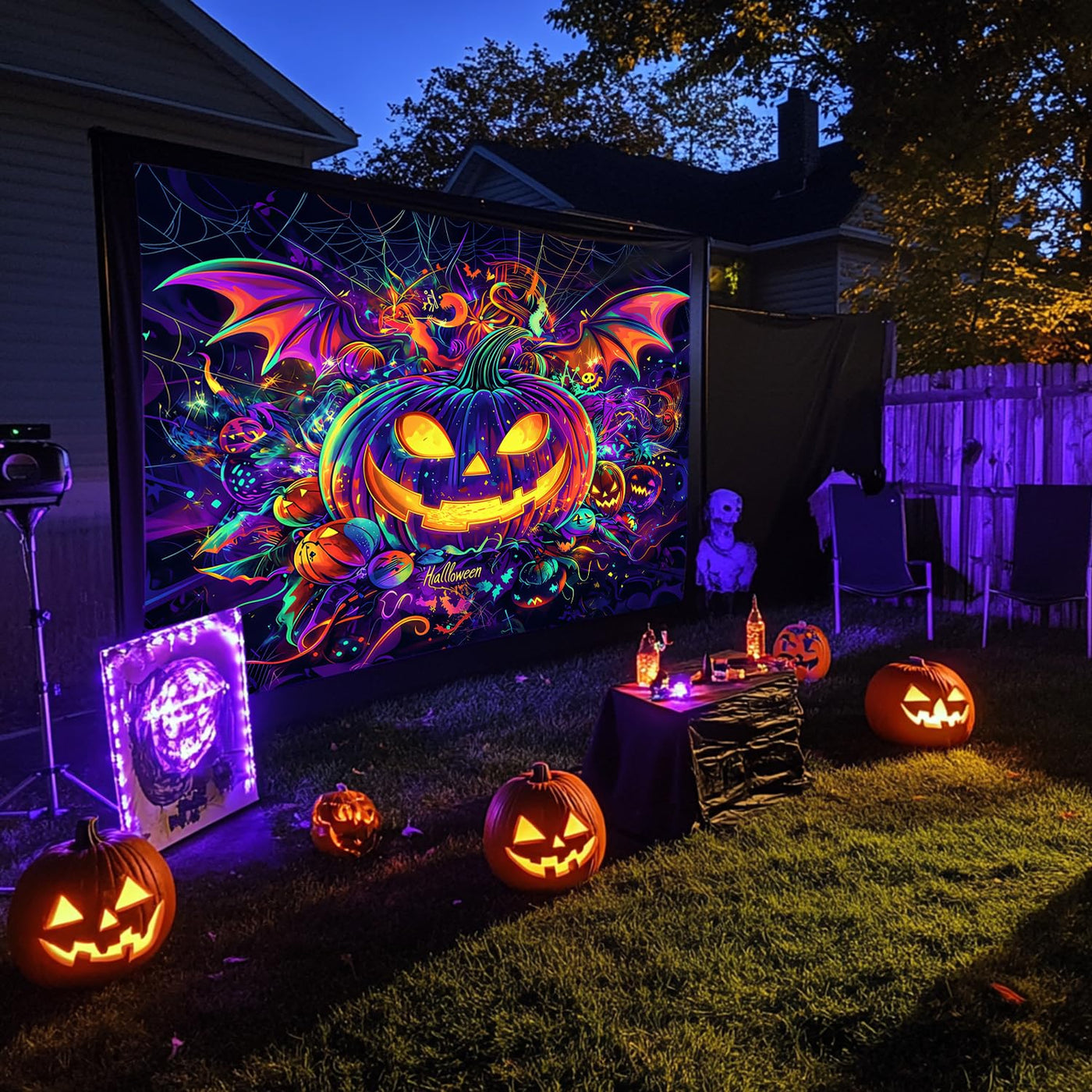 BSFHH Halloween Black Light Tapestry – UV Reactive Glow in the Dark Wall Hanging, Spooky Night Scene with Ghosts & Pumpkins, Haunting Home Decor for Parties, Bedroom, or Dorm (Haunted Houses, 79L" x 59W", Unframed) Backdrop Bliss
