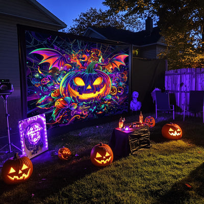 BSFHH Halloween Black Light Tapestry – UV Reactive Glow in the Dark Wall Hanging, Spooky Night Scene with Ghosts & Pumpkins, Haunting Home Decor for Parties, Bedroom, or Dorm (Haunted Houses, 79L" x 59W", Unframed) Backdrop Bliss