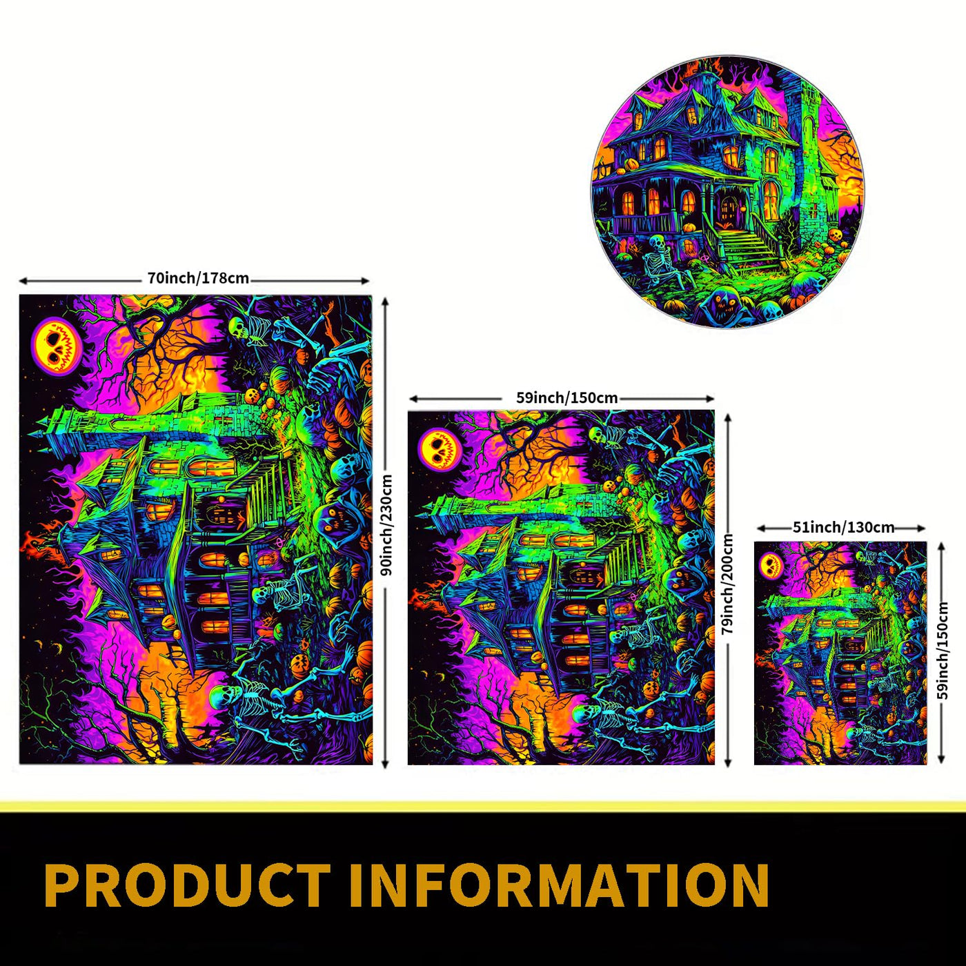 BSFHH Halloween Black Light Tapestry – UV Reactive Glow in the Dark Wall Hanging, Spooky Night Scene with Ghosts & Pumpkins, Haunting Home Decor for Parties, Bedroom, or Dorm (Haunted Houses, 79L" x 59W", Unframed) Backdrop Bliss