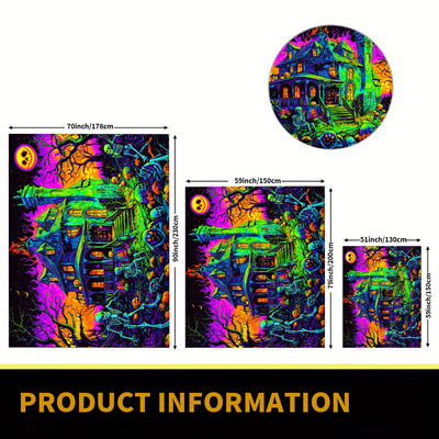 BSFHH Halloween Black Light Tapestry – UV Reactive Glow in the Dark Wall Hanging, Spooky Night Scene with Ghosts & Pumpkins, Haunting Home Decor for Parties, Bedroom, or Dorm (Haunted Houses, 79L" x 59W", Unframed) Backdrop Bliss