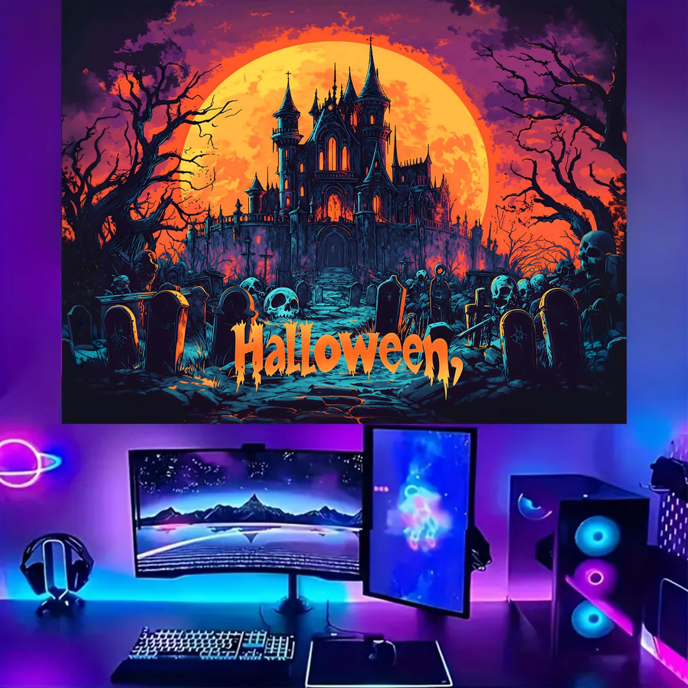 BSFHH Halloween Black Light Tapestry – UV Reactive Glow in the Dark Wall Hanging, Spooky Night Scene with Ghosts & Pumpkins, Haunting Home Decor for Parties, Bedroom, or Dorm (Haunted Houses, 79L" x 59W", Unframed) Backdrop Bliss