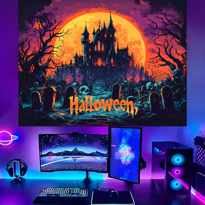 BSFHH Halloween Black Light Tapestry – UV Reactive Glow in the Dark Wall Hanging, Spooky Night Scene with Ghosts & Pumpkins, Haunting Home Decor for Parties, Bedroom, or Dorm (Haunted Houses, 79L" x 59W", Unframed) Backdrop Bliss