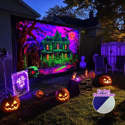 BSFHH Halloween Black Light Tapestry – UV Reactive Glow in the Dark Wall Hanging, Spooky Night Scene with Ghosts & Pumpkins, Haunting Home Decor for Parties, Bedroom, or Dorm (Haunted Houses, 79L" x 59W", Unframed) Backdrop Bliss