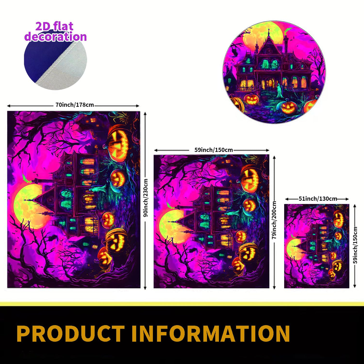 BSFHH Halloween Black Light Tapestry – UV Reactive Glow in the Dark Wall Hanging, Spooky Night Scene with Ghosts & Pumpkins, Haunting Home Decor for Parties, Bedroom, or Dorm (Haunted Houses, 79L" x 59W", Unframed) Backdrop Bliss