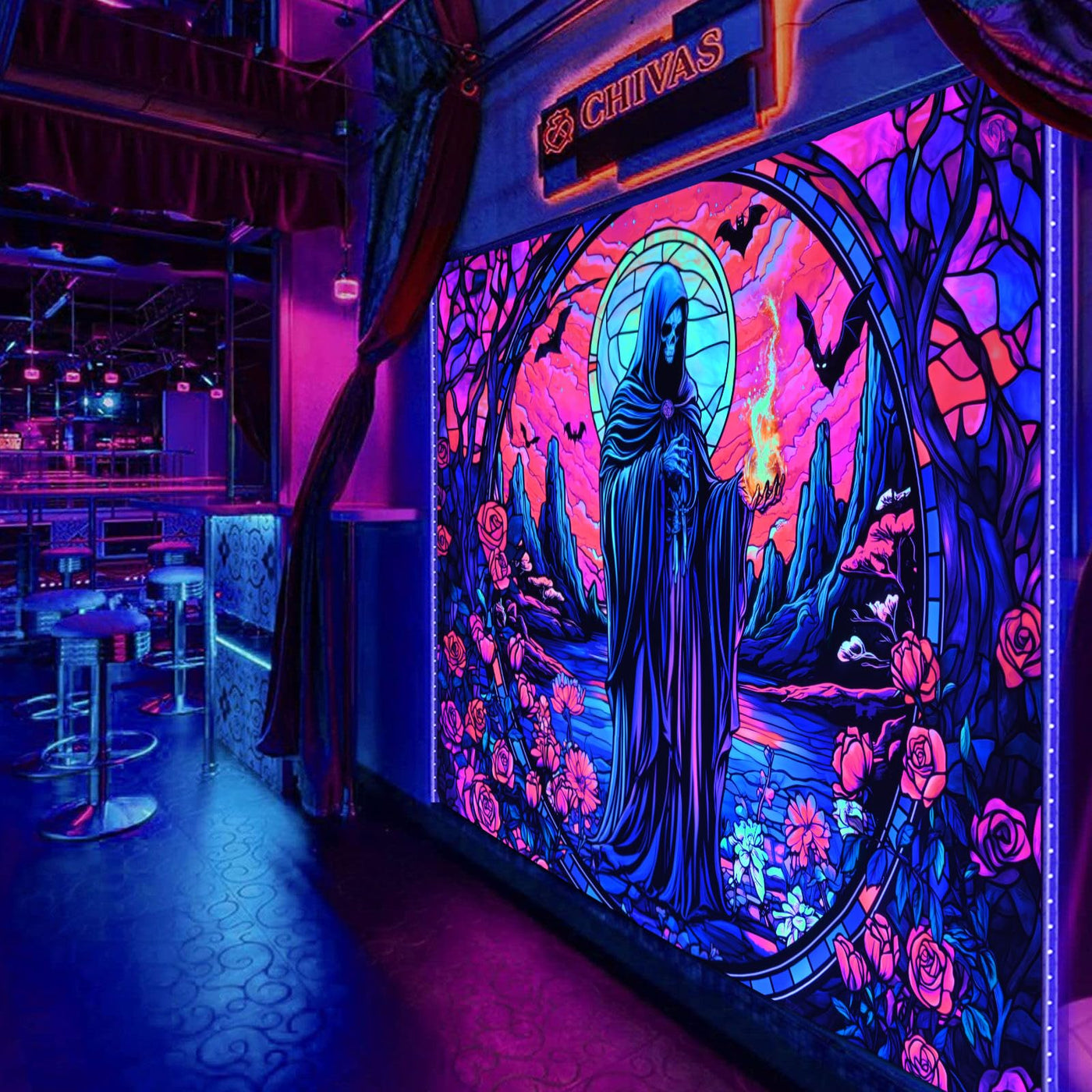 Uspring Blacklight Tapestry Hippie Gothic Tapestries Floral Wall Tapestry Wizard Skull Tapestry Wall Hanging Large UV Reactive Tapestry for Bedroom Aesthetic (Red, 51.2 x 59.1 inches) Backdrop Bliss