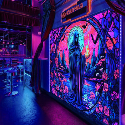 Uspring Blacklight Tapestry Hippie Gothic Tapestries Floral Wall Tapestry Wizard Skull Tapestry Wall Hanging Large UV Reactive Tapestry for Bedroom Aesthetic (Red, 51.2 x 59.1 inches) Backdrop Bliss