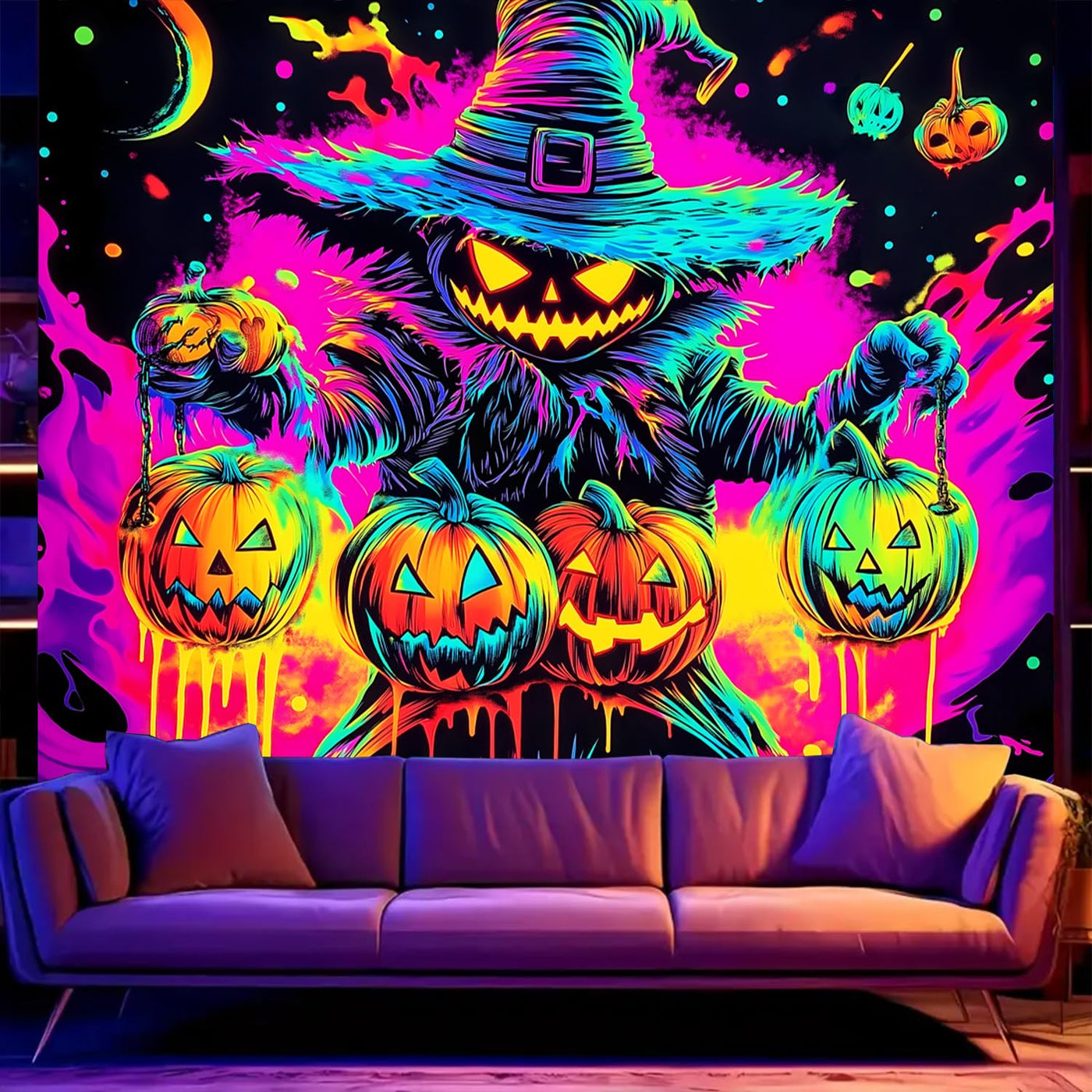 BSFHH Halloween Black Light Tapestry – UV Reactive Glow in the Dark Wall Hanging, Spooky Night Scene with Ghosts & Pumpkins, Haunting Home Decor for Parties, Bedroom, or Dorm (Haunted Houses, 79L" x 59W", Unframed) Backdrop Bliss