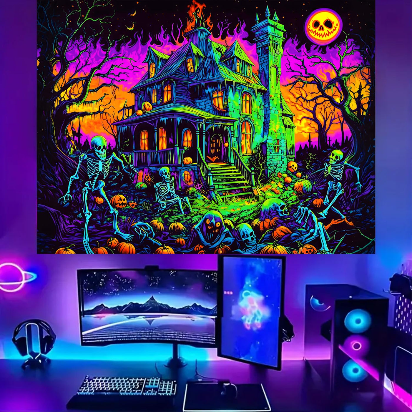 BSFHH Halloween Black Light Tapestry – UV Reactive Glow in the Dark Wall Hanging, Spooky Night Scene with Ghosts & Pumpkins, Haunting Home Decor for Parties, Bedroom, or Dorm (Haunted Houses, 79L" x 59W", Unframed) Backdrop Bliss
