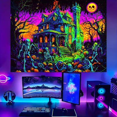 BSFHH Halloween Black Light Tapestry – UV Reactive Glow in the Dark Wall Hanging, Spooky Night Scene with Ghosts & Pumpkins, Haunting Home Decor for Parties, Bedroom, or Dorm (Haunted Houses, 79L" x 59W", Unframed) Backdrop Bliss