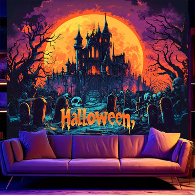 BSFHH Halloween Black Light Tapestry – UV Reactive Glow in the Dark Wall Hanging, Spooky Night Scene with Ghosts & Pumpkins, Haunting Home Decor for Parties, Bedroom, or Dorm (Haunted Houses, 79L" x 59W", Unframed) Backdrop Bliss