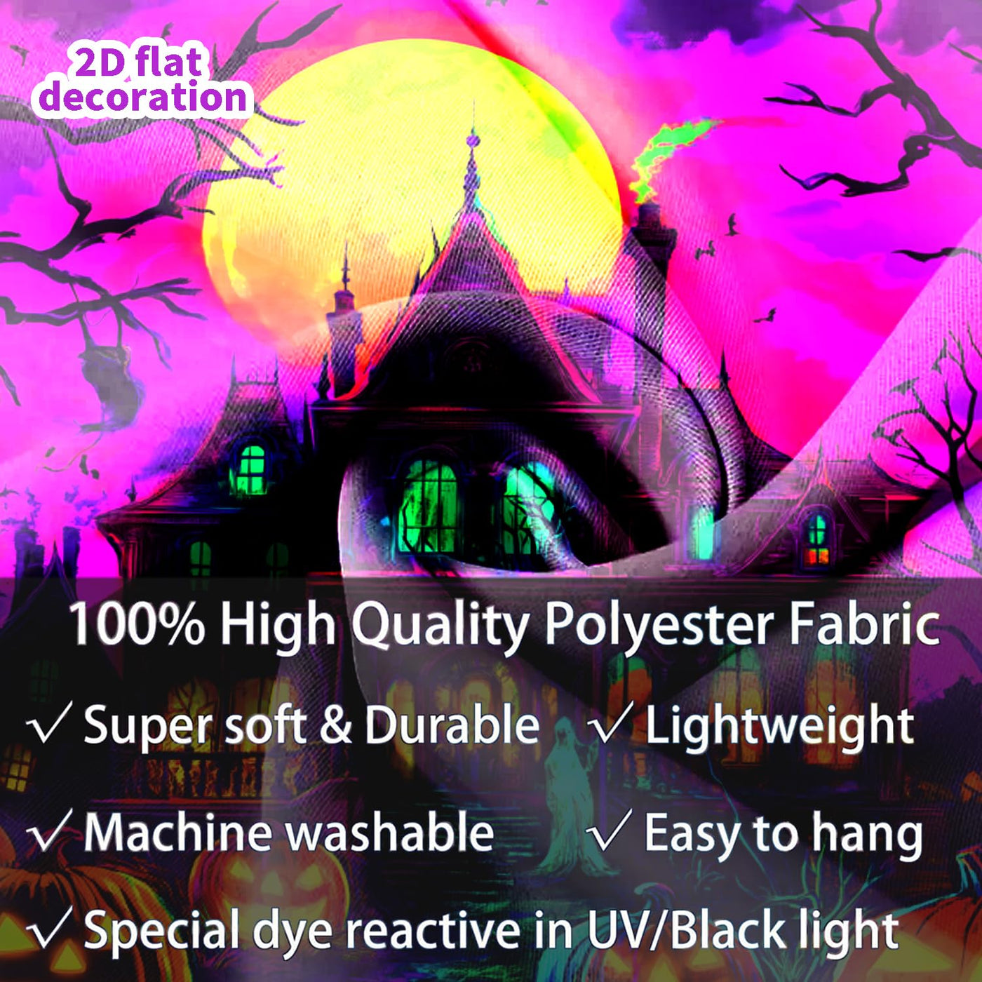 BSFHH Halloween Black Light Tapestry – UV Reactive Glow in the Dark Wall Hanging, Spooky Night Scene with Ghosts & Pumpkins, Haunting Home Decor for Parties, Bedroom, or Dorm (Haunted Houses, 79L" x 59W", Unframed) Backdrop Bliss