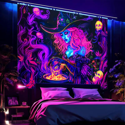 BSFHH Halloween Black Light Tapestry – UV Reactive Glow in the Dark Wall Hanging, Spooky Night Scene with Ghosts & Pumpkins, Haunting Home Decor for Parties, Bedroom, or Dorm (Haunted Houses, 79L" x 59W", Unframed) Backdrop Bliss