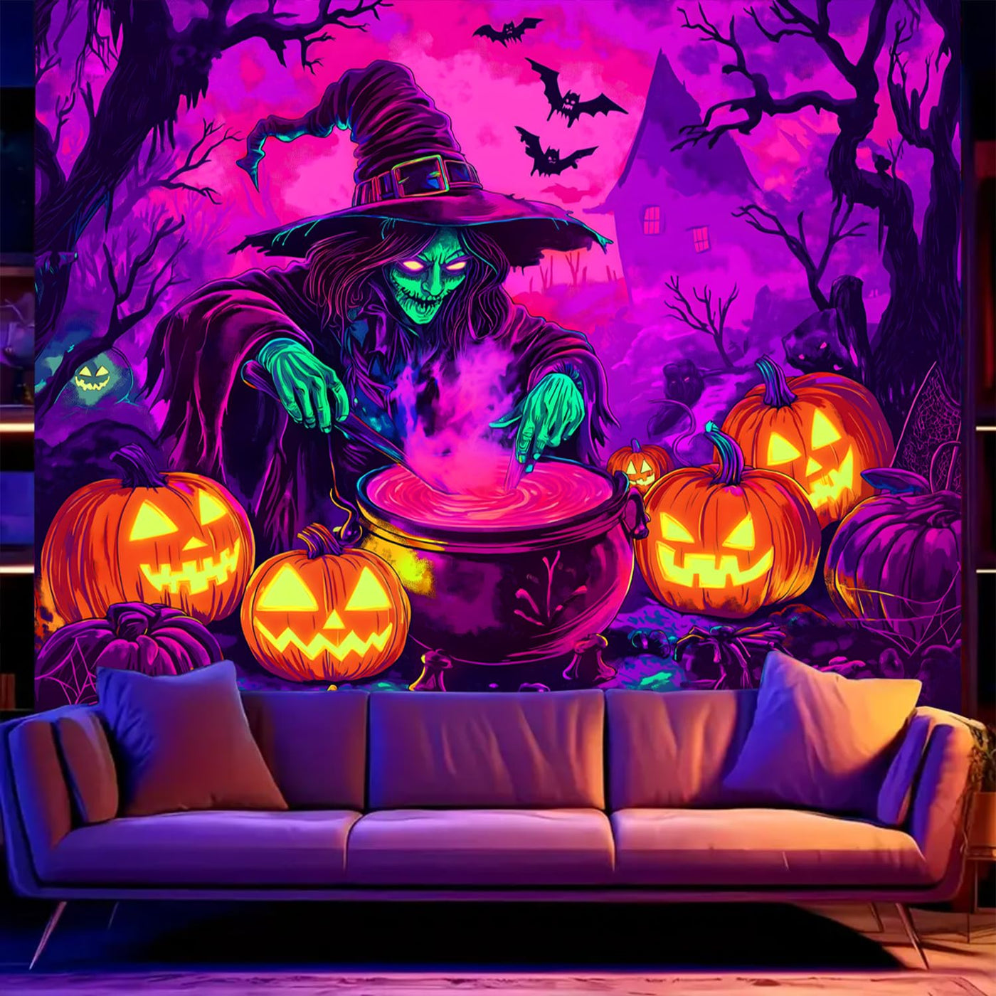 BSFHH Halloween Black Light Tapestry – UV Reactive Glow in the Dark Wall Hanging, Spooky Night Scene with Ghosts & Pumpkins, Haunting Home Decor for Parties, Bedroom, or Dorm (Haunted Houses, 79L" x 59W", Unframed) Backdrop Bliss